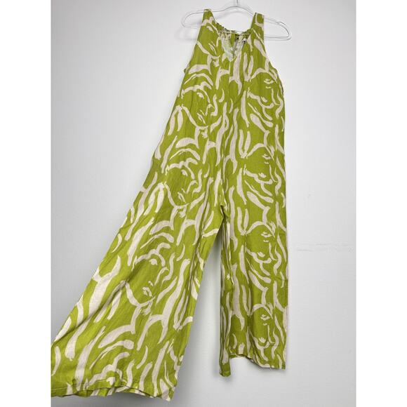 I Love Linen Pants - Linen Jumpsuit Womens OS One size Green Abstract Wide Leg Sleeveless Tie Relaxed
